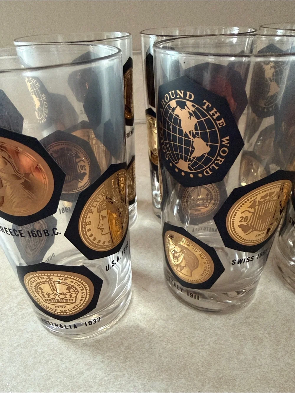 Vintage Libbey Gold Coins of the World Highball Glasses, Set of 6